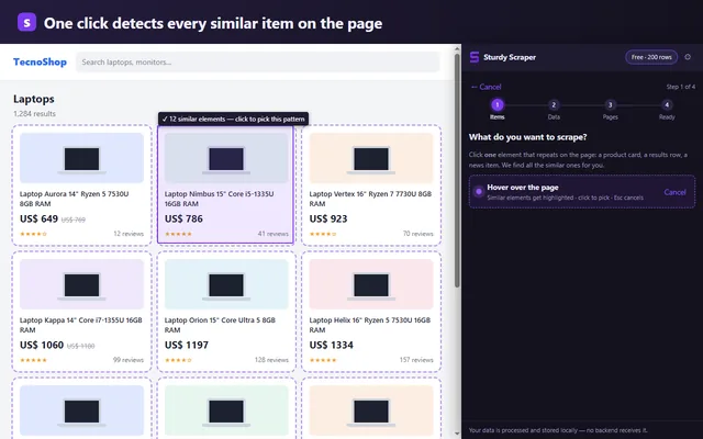 One click on a product card and the extension detects the 12 similar products on the page